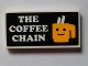 Part No: 87079pb0289  Name: Tile 2 x 4 with 'THE COFFEE CHAIN' and Yellow Cup with Minifigure Smile Pattern (Sticker) - Set 60097