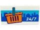 Part No: 87079pb1255  Name: Tile 2 x 4 with '24/7', Orange Shopping Basket with Dark Turquoise Handle, and Blue City Landscape Background Pattern