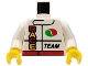 Part No: 973pb0101c01  Name: Torso Racing Jacket with Octan Logo, Red Belt, 'RACE', and 'TEAM' Pattern / White Arms / Yellow Hands