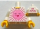 Lot ID: 360037080  Part No: 973pb0957c01  Name: Torso Shirt with Bright Pink and Dark Pink Sun with Face with Red Open Mouth Smile, Yellow Neck, '2011 The LEGO Store Toronto, Canada' on Back Pattern / White Arms / Yellow Hands