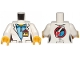 Part No: 973pb2019c01  Name: Torso Female Lab Coat over Medium Blue Shirt, ID Badge on Front, Space Shuttle Logo on Back Pattern / White Arms / Yellow Hands