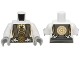 Part No: 973pb2095c01  Name: Torso Ninjago Robe with Gray and Gold Trim, Silver Dragons and Gold Flower Symbols Pattern / White Arms / Light Bluish Gray Hands