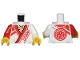 Part No: 973pb5051c01  Name: Torso Robe with Red Trim, Lines, and Ninjago Logogram 'DOJO' over Tan Shirt, Core Logo on Back Pattern / White Arm Left / Red Arm Right / Yellow Hands