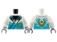 Part No: 973pb5250c01  Name: Torso Ninja Robe with Medium Azure Trim and Gold Buckles over Dark Blue Sash, Ninjago Logogram Letter Z in Circle, Dragon Head and Orb on Back Pattern / White Arms / Light Bluish Gray Hands
