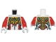 Part No: 973pb5523c01  Name: Torso Armor Red, Bright Light Orange, and Dark Turquoise Trim and Gold Plates Pattern / Red Arms / White Hands