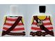 Part No: 973pb5628  Name: Torso Pirate Tank Top with Red Horizontal Stripes, Rope Belt, Shoulder Strap, Name Tag and Yellow Neck and Shoulders Pattern