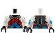 Part No: 973pb5921c01  Name: Torso Armor with Black Neck, Dark Azure and Red Chevrons, Light Bluish Gray Straps and Dark Bluish Gray Jet Pack on Back Pattern / White Arms with Black Octagons, Dark Azure Elbows and Red Sport Mountain Logos Pattern / Black Hands