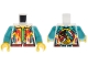 Part No: 973pb5934c01  Name: Torso Jacket Open with Pockets and Buttons, Red and Bright Light Orange Diagonal Lines, Red Waistband and Monkie Kid Emblem over Bright Green Shirt Pattern / Dark Turquoise Arms / Yellow Hands