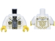 Part No: 973pb6041c01  Name: Torso Lab Coat Open with Gold Geometric Lines, Badges and Hexagon Emblem over Dark Bluish Gray Robe with Buckle Pattern / White Arms / Yellow Hands