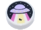 Part No: 98138pb271  Name: Tile, Round 1 x 1 with Lavender UFO / Flying Saucer, Dark Pink and Bright Light Yellow Beams, and Black Cow and Night Sky Pattern
