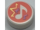 Part No: 98138pb317  Name: Tile, Round 1 x 1 with Music Note with Bright Light Yellow and Lavender Sound Waves on Coral Background Pattern