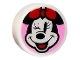 Part No: 98138pb331  Name: Tile, Round 1 x 1 with Minnie Mouse Head Winking with Red Bow on Bright Pink Background Pattern