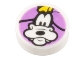 Part No: 98138pb336  Name: Tile, Round 1 x 1 with Goofy Head with Yellow Hat on Medium Lavender Background Pattern