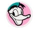 Part No: 98138pb337  Name: Tile, Round 1 x 1 with Donald Duck Head with Dark Turquoise Hat on Bright Pink Background Pattern