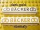 Part No: crssprt01pb27a  Name: Brick 1 x 8 without Bottom Tubes with Cross Side Supports with Gold 'Bäcker' and Pretzels Wide Pattern (BACKER)