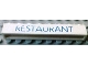 Part No: crssprt01pb51  Name: Brick 1 x 8 without Bottom Tubes with Cross Side Supports with Blue 'RESTAURANT' Thin (Letters Close) Pattern