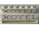 Part No: crssprt02pb023a  Name: Brick 1 x 6 without Bottom Tubes with Cross Side Supports with Blue 'HOTEL' Curvy Pattern