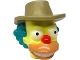 Part No: 112021pb01  Name: Minifigure, Head, Modified Simpsons Farmer Krusty with Molded Dark Turquoise Hair and Dark Tan Hat and Printed Eyes, Red Nose and Nougat Open Mouth Pattern