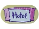 Part No: 66857pb120  Name: Tile, Round 2 x 4 Oval with Dark Purple 'Hotel' on White, Bright Pink and Dark Pink Pillows with Dots and Stripes Pattern