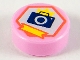 Part No: 98138pb180  Name: Tile, Round 1 x 1 with Dark Blue Camera, Yellow Flash and Ribbon on White Hexagon with Coral Outline Pattern