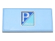 Part No: 87079pb1196  Name: Tile 2 x 4 with Blue and Medium Azure Banner, Silver 'PIAGGIO' and Letter P Logo on Bright Light Blue Background Pattern (Sticker) - Set 10298