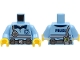 Part No: 973pb4116c01  Name: Torso Police Shirt with Silver and Dark Blue Stripes, Utility Belt, Radio and 'POLICE' on Back Pattern / Bright Light Blue Arms / Yellow Hands