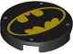 Lego part: Tile, Round 2 x 2 with Bottom Stud Holder with Bat on Yellow Oval Batman Logo and 4 Silver Dots Pattern