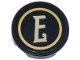 Lego part: Tile, Round 2 x 2 with Bottom Stud Holder with Gold Circle and Tan Letter E Pattern (Sticker) - Set 10351