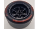 Lego part: Wheel 56mm D. x 34mm Technic Racing Medium, 6 Pin Holes with Black Tire 81.6mm D. x 44mm Smooth with Red 'PIRELLI', 'P ZERO' and Arcs Pattern (15038 / 4410pb01)