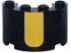 Lego part: Cylinder Half 2 x 4 x 2 with 1 x 2 Cutout with Yellow Rectangle with Rounded Lower Edge Pattern