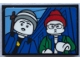Part No: 26603pb307  Name: Tile 2 x 3 with 2 Minifigures with Light Bluish Gray and Red Hats, Blue and Green Jackets Pattern (Sticker) - Set 21336