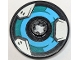 Part No: 2723pb100  Name: Technic, Disk 3 x 3 with Grappling Claw Launcher with Medium Azure and Dark Turquoise Circle, Dark Bluish Gray and Light Bluish Gray Metal Plates Pattern (Sticker) - Set 75976