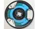 Part No: 2958pb100  Name: Technic, Disk 3 x 3 with Grappling Claw Launcher with Medium Azure and Dark Turquoise Circle, Dark Bluish Gray and Light Bluish Gray Metal Plates Pattern (Sticker) - Set 75976