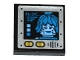 Part No: 3068pb1041  Name: Tile 2 x 2 with '16.07...' and Dark Azure Female Minifigure Head on Screen, Speaker Grille and Yellow Buttons Pattern (Sticker) - Set 70588