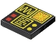 Lego part: Tile 2 x 2 with Red and Yellow Control Panel Buttons and Square Displays with Wave, Radiating Lines and Text Pattern