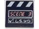 Part No: 3068px5  Name: Tile 2 x 2 with 'SCENE 3' and White 'LEGO', Check Mark and Stripes Film Slate Pattern