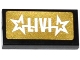 Part No: 3069pb0444  Name: Tile 1 x 2 with 'LIVI' and 2 Stars on Gold Background Pattern (Sticker) - Set 41106