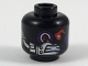 Part No: 3626pb2072  Name: Minifigure, Head Alien with Mechanical Right Eye Red and Purple, Silver Plates, and Dark Purple Circuitry on Left Cheek Pattern
