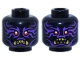 Part No: 3626pb3838  Name: Minifigure, Head Dual Sided Alien Dark Purple Markings, Red Eyes, Gold Fangs, Clenched Teeth / Fierce with Open Mouth Pattern