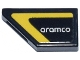 Part No: 5091pb022  Name: Tile, Modified 1 x 2 Wedge Left with White 'aramco' Logo and Yellow Stripe Border Pattern (Sticker) - Set 76925