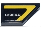 Part No: 5092pb022  Name: Tile, Modified 1 x 2 Wedge Right with White 'aramco' Logo and Yellow Stripe Border Pattern (Sticker) - Set 76925