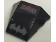 Part No: 64225pb055  Name: Wedge 4 x 3 Triple Curved No Studs with Dark Bluish Gray Batman Logo, 'EXHAUST', and Red Stripe Pattern (Sticker) - Set 70908