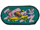 Part No: 66857pb098  Name: Tile, Round 2 x 4 Oval with Yellow Skateboard with Lime Wheels, Drink, Sandwich, Bright Pink Graffiti and Paint Splotches on Dark Turquoise Background Pattern (Sticker) - Set 41751
