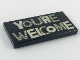 Part No: 87079pb0542  Name: Tile 2 x 4 with Silver and Dark Bluish Gray 'YOU'RE WELCOME' with Yellow Spots Pattern