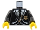 Part No: 973pb0164c01  Name: Torso Harry Potter Suit and Tie with Hogwarts Shield Pattern / Black Arms / Yellow Hands