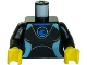 Part No: 973pb2627c01  Name: Torso Female Wetsuit with Blue Collar and Wave Logo, Medium Azure Panels, Silver Zipper with Pull Cord on Back Pattern / Black Arms / Yellow Hands