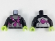 Part No: 973pb2966c01  Name: Torso Metallic Silver Bands with Bulging Purple Tubes Pattern / Black Arms / Lime Hands