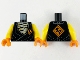 Part No: 973pb4149c01  Name: Torso Tunic over Tan Wrappings, Orange Diamond with Black Ninjago Logogram 'VS' on Lapel and Back Pattern / Yellow Arms / Orange Hands