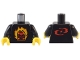 Part No: 973pb5212c01  Name: Torso Red Bionicle Hau Mask with Orange and Yellow Flames and Red Three Virtues Symbol on Back Pattern / Black Arms / Yellow Hands
