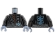 Part No: 973pb6019c01  Name: Torso Robe with Monster Faces on Hem over Dark Brown Tattered Layered Shirt, Shoulder Wrap with Silver Diamond and Metallic Light Blue Claws, Dark Bluish Gray Waist Sash, Stylized Scorpion Logo on Back Pattern / Black Arms / Sand Blue Hands